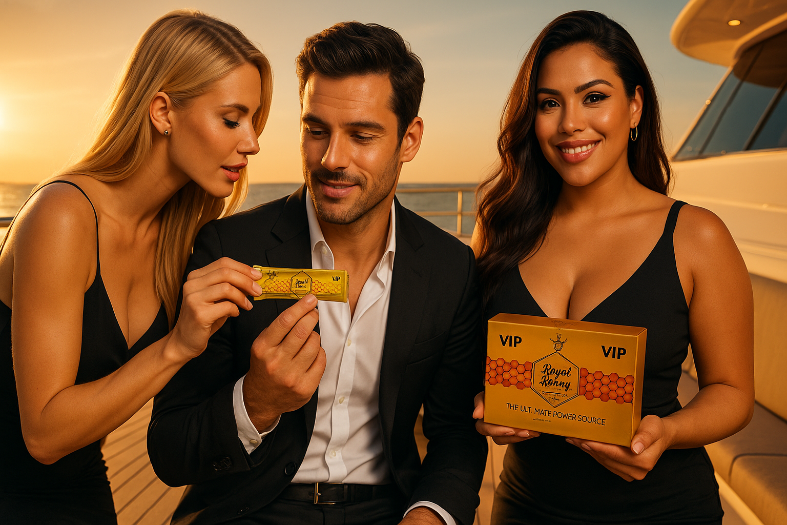 Attractive women and confident man with Royal Honey VIP product in a luxurious setting, promoting natural male enhancement.