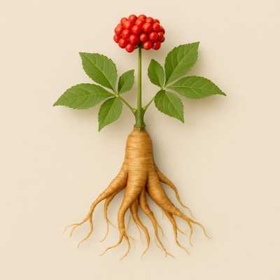 Panax Ginseng plant with roots on transparent background