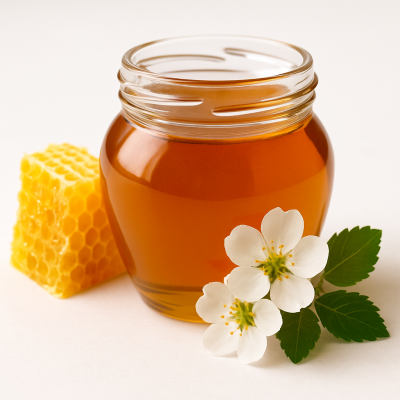 Pure Organic premium honey in glass jar with fresh honeycomb beside it